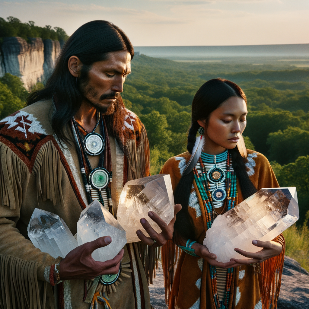 Native Americans in Arkansas holding crystals